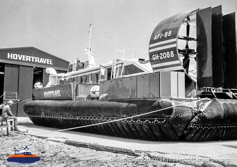AP1-88 hovercraft at the Hovertravel maintenance hangar -  (credit: The <a href='http://www.hovercraft-museum.org/' target='_blank'>Hovercraft Museum Trust</a>).